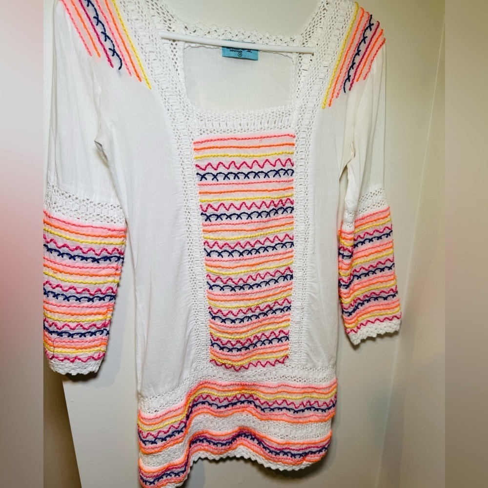 Letarte Handmade White W Vibrant Crochet Embroidered Cotton Coverup Size XS - Picture 3 of 8